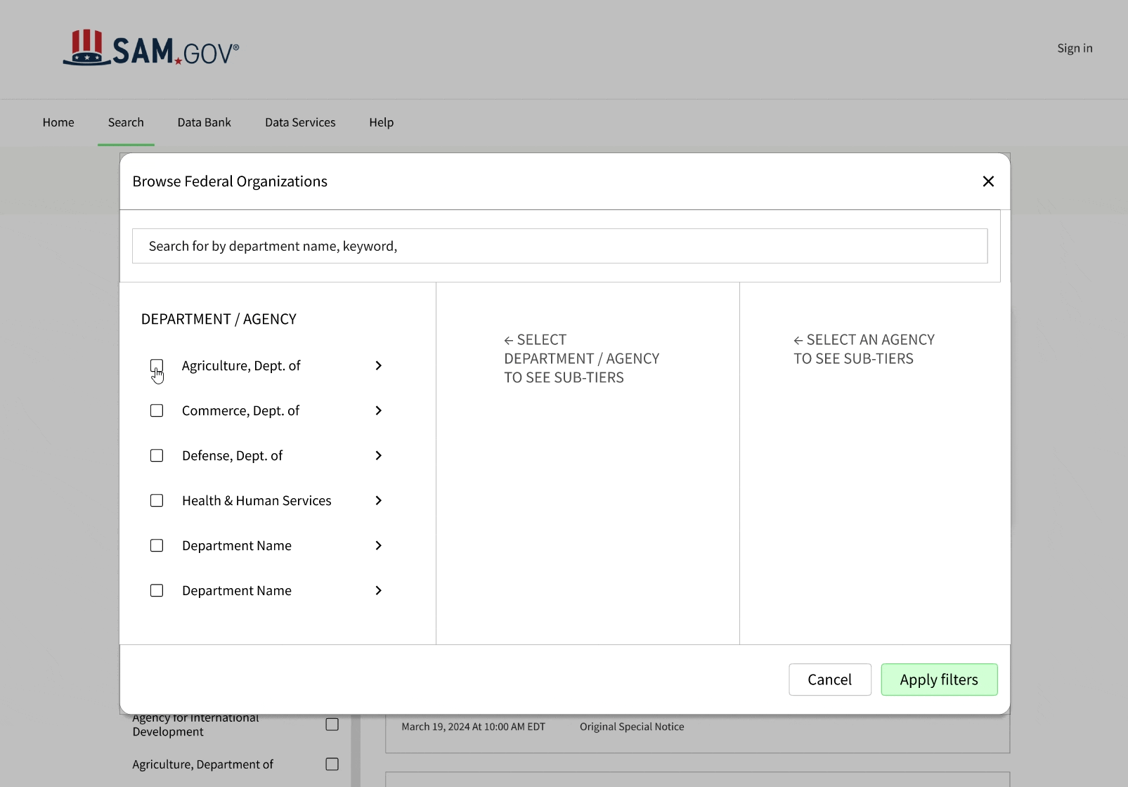 Redesigned federal organization filter